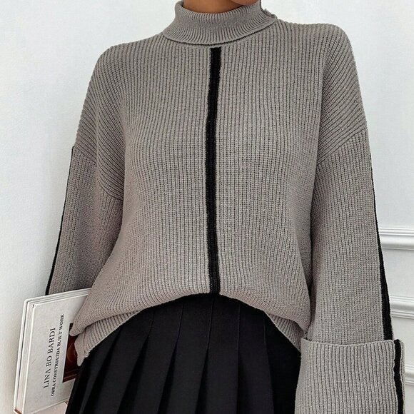 Fall Winter Women's Casual Fold Cuff Turtleneck Sweater top - Picture 3 of 6